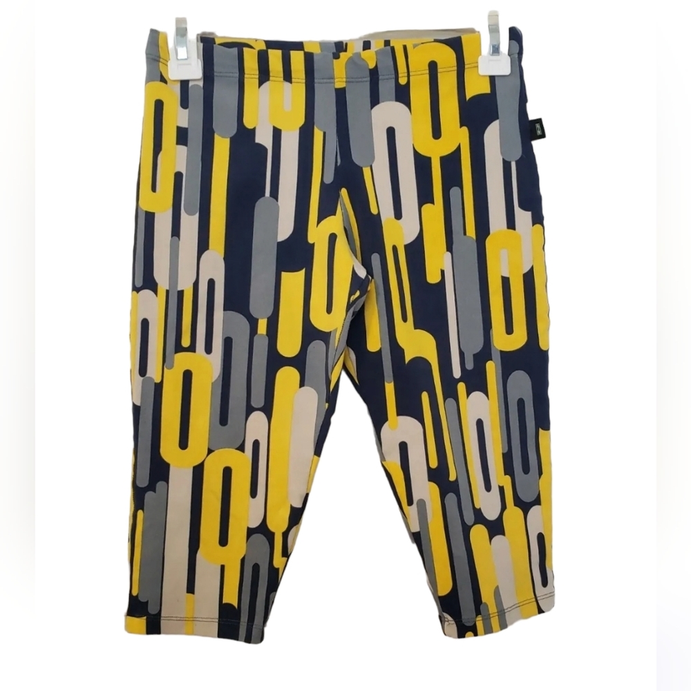 ❤ LIQUIDO YOGA CROP LEGGINGS YELLOW / NAVY / GRAY CHAIN PATTERN WOMEN'S SIZE MED